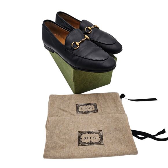 Gucci Jordaan Horsebit Slip On Flat Loafer Black Leather Gold Size 37 US 7 - Picture 4 of 12